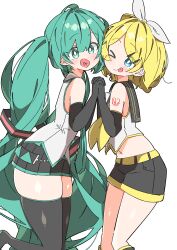 Rule 34 | &gt; o, 2girls, absurdres, aqua eyes, aqua hair, aqua necktie, black shorts, blonde hair, blue eyes, bow, center-flap bangs, commentary, elbow gloves, feet out of frame, from side, gloves, hair bow, hatsune miku, highres, holding hands, kagamine rin, leg up, long hair, midriff, multiple girls, navel, neckerchief, necktie, one eye closed, open mouth, shiny skin, shorts, skindentation, thick thighs, thighs, tongue, tongue out, twintails, uruti 2388, very long hair, vocaloid, white background, white bow, yellow neckerchief