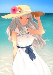 Rule 34 | 1girl, arm behind back, day, dress, earrings, flower, gradient background, grey hair, hand on headwear, hat, hat flower, hibiscus, idolmaster, idolmaster (classic), jewelry, light smile, long hair, looking at viewer, mimizubare, ocean, pink eyes, ribbon, sailor collar, shell, shijou takane, sky, solo, sun hat, sundress, white dress