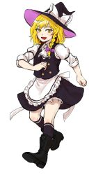 Rule 34 | 1girl, apron, ascot, black footwear, black skirt, black vest, blonde hair, bloomers, boots, collared shirt, commentary request, frilled apron, frilled skirt, frills, full body, hat, highres, kirisame marisa, kuya (hey36253625), long sleeves, shirt, short hair, skirt, sleeves rolled up, touhou, underwear, vest, waist apron, walking, white apron, white ascot, white bloomers, white shirt, witch, witch hat, yellow eyes
