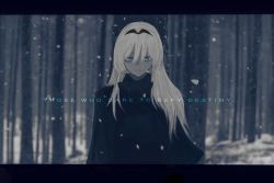 Rule 34 | 1girl, an-94 (girls&#039; frontline), black border, black jacket, blue eyes, border, defy (girls&#039; frontline), forest, girls&#039; frontline, hair between eyes, hair ornament, headband, highres, jacket, letterboxed, long hair, long sleeves, looking at viewer, natri999, nature, snowing, solo, white hair
