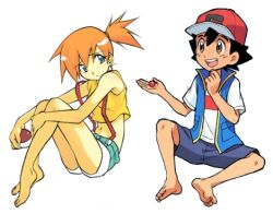 Rule 34 | 1boy, 1girl, ash ketchum, ballcap, barefoot, berry (pokemon), blue shorts, blue vest, brown eyes, closed mouth, creatures (company), frown, game freak, green eyes, green scrunchie, hetero, looking at viewer, lowres, midriff, misty (pokemon), nintendo, open mouth, poke ball, poke ball (basic), pokemon, pokemon (anime), pokemon (classic anime), pokemon journeys, scrunchie, ship, shirt, short shorts, shorts, sitting, smile, soles, suspenders, tank top, third party edit, toes, vest, watercraft, white shirt, yellow tank top
