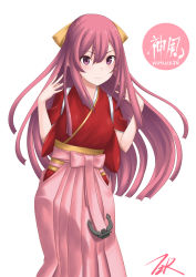 Rule 34 | 1girl, anchor, artist name, bow, character name, commentary request, cowboy shot, hair bow, hakama, hakama skirt, highres, japanese clothes, kamikaze (kancolle), kantai collection, kimono, long hair, looking at viewer, pink hair, pink hakama, purple eyes, red kimono, revision, signature, skirt, smile, solo, standing, t2r, yellow bow