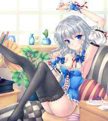 Rule 34 | 1girl, arm up, armpits, bare shoulders, black thighhighs, blue eyes, blush, bottle, bottomless, bow, braid, breasts, bustier, cake, cleavage, detached collar, detached sleeves, food, fred0092, hair bow, high heels, highres, indoors, izayoi sakuya, leg up, looking at viewer, nail polish, no headwear, no headwear, no panties, phonograph, pillow, revision, shoes, short hair, silver hair, sitting, smile, solo, thighhighs, touhou, twin braids, underwear, underwear only, window, wrist cuffs