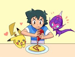 Rule 34 | 1boy, :q, ame (ame025), ash ketchum, brown eyes, commentary request, concentrating, creatures (company), food, game freak, gen 1 pokemon, gen 7 pokemon, green hair, heart, holding, ketchup, ketchup bottle, looking down, male focus, nintendo, notice lines, pikachu, plate, poipole, pokemon, pokemon (anime), pokemon (creature), pokemon sm (anime), shirt, short hair, short sleeves, striped clothes, striped shirt, sweatdrop, t-shirt, tongue, tongue out, ultra beast