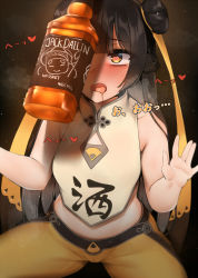 Rule 34 | 1girl, alcohol, bababababan, bad id, bad pixiv id, bare shoulders, black hair, black survival, blunt bangs, bottle, breasts, chinese clothes, drooling, heart, heart-shaped pupils, highres, li dailin, open mouth, sleeveless, solo, symbol-shaped pupils, tongue, whiskey, yellow eyes
