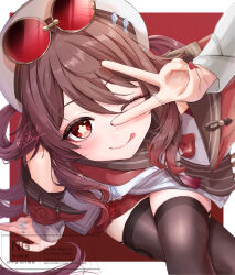 1girl absurdres black_thighhighs brown_eyes brown_hair commentary_request crossed_legs eyewear_on_head flower-shaped_pupils from_above genshin_impact hat highres hu_tao_(cherries_snow-laden)_(genshin_impact) hu_tao_(genshin_impact) licking_lips looking_at_viewer looking_up nail_polish netarou_(netarou_25) official_alternate_costume one_eye_closed red-tinted_eyewear red_nails signature smile solo symbol-shaped_pupils thighhighs tinted_eyewear tongue tongue_out v v_over_eye watermark white_hat