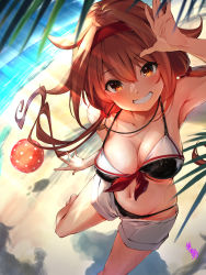 Rule 34 | 1girl, adapted costume, artist name, ball, barefoot, beach, beachball, bikini, black bikini, blush, breasts, brown eyes, brown hair, collarbone, day, grin, groin, hair between eyes, hair flaps, hairband, highres, kantai collection, large breasts, long hair, looking at viewer, navel, ocean, red hairband, shiratsuyu (kancolle), shiratsuyu kai ni (kancolle), shorts, signature, smile, solo, swimsuit, white shorts, youmou usagi