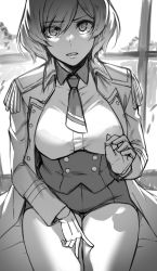 Rule 34 | 1girl, bra visible through clothes, breasts, deras, epaulettes, gloves, greyscale, gridman universe, highres, jacket, looking at viewer, monochrome, mujina, necktie, open clothes, open jacket, short hair, shorts, ssss.dynazenon, thighs
