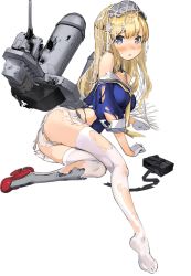 Rule 34 | 1girl, ass, blonde hair, blue shirt, breasts, cargo net, cleavage, dress, fletcher (kancolle), fletcher mk ii (kancolle), full body, gloves, kantai collection, large breasts, long hair, machinery, off shoulder, official art, panties, pleated skirt, ribbon, sailor collar, sailor dress, school uniform, serafuku, shirt, skirt, solo, thighhighs, torn clothes, torn skirt, torn thighhighs, transparent background, turret, underwear, white gloves, white thighhighs, yellow ribbon, zeco
