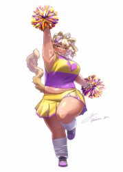 Rule 34 | 1girl, akina bbw, animal ear fluff, animal ears, arm up, armpits, bangle, blonde hair, blush, borrowed character, bracelet, breasts, character request, cheerleader, commentary request, copyright request, gyaru, hair between eyes, hair ornament, heart, highres, jewelry, kneehighs, kogal, large breasts, long hair, looking at viewer, loose socks, midriff peek, muffin top, open mouth, outstretched arms, pleated skirt, plump, pom pom (cheerleading), purple footwear, signature, simple background, skirt, sleeveless, socks, solo, standing, standing on one leg, tail, tan, thick thighs, thighs, tsurime, twitter username, white background, yellow eyes, yellow skirt
