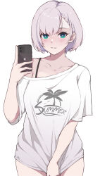 Rule 34 | 1girl, absurdres, apple inc., blush, bra strap, braid, braided bangs, breasts, cellphone, clothes pull, collarbone, commentary, green eyes, grey hair, highres, hitozche, holding, holding phone, hololive, hololive indonesia, large breasts, looking at viewer, naked shirt, off shoulder, open mouth, pavolia reine, phone, print shirt, selfie, shirt, shirt pull, short hair, signature, simple background, smartphone, solo, standing, teeth, virtual youtuber, white background, white shirt