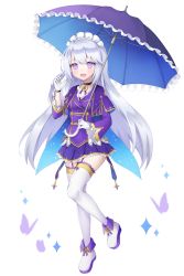 Rule 34 | 1girl, :d, black choker, black umbrella, blush, boots, breasts, bug, butterfly, character request, choker, commentary, commission, crescent, elsword, flower-shaped pupils, frilled umbrella, frills, full body, gloves, hair between eyes, hair flaps, hand up, highres, holding, holding umbrella, insect, jacket, long hair, long sleeves, looking at viewer, maid headdress, open mouth, pleated skirt, pong (vndn124), purple eyes, purple jacket, purple skirt, silver hair, simple background, skirt, small breasts, smile, solo, sparkle, standing, standing on one leg, symbol-shaped pupils, thighhighs, thighhighs under boots, umbrella, very long hair, white background, white footwear, white gloves, white thighhighs, wide sleeves