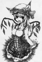 Rule 34 | 1girl, absurdres, animal ears, breasts, cat ears, cat tail, dress, flandre scarlet, greyscale, hat, highres, kei, kei (keigarou), kei (soundcross), kemonomimi mode, monochrome, open mouth, ribbon, small breasts, smile, solo, tail, touhou, traditional media, underbust, wings