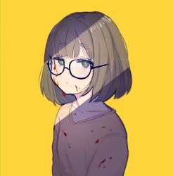 Rule 34 | 1girl, absurdres, artist name, blood, blood on clothes, blood on face, blue eyes, brown hair, closed mouth, collarbone, commentary, glasses, highres, long sleeves, looking at viewer, neqo (neneneqo), original, short hair, signature, simple background, slit pupils, solo, symbol-only commentary, thick eyebrows, yellow background
