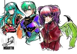 Rule 34 | 1boy, 2girls, absurdres, aqua hair, armor, blue eyes, character name, closed mouth, cropped torso, dragon wings, eirika (fire emblem), ephraim (fire emblem), fire emblem, fire emblem: the sacred stones, green hair, highres, holding, holding sword, holding weapon, long hair, multiple girls, myrrh (fire emblem), nintendo, purple eyes, purple hair, rx hts, simple background, sketch, sword, twintails, upper body, weapon, white background, wings