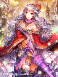 Rule 34 | 1girl, black thighhighs, breasts, cape, choker, cleavage, closed umbrella, copyright name, crop top, crown, day, dragon tactics, floating hair, fur trim, gloves, highres, holding, holding umbrella, long hair, medium breasts, midriff, mini crown, miniskirt, official art, outdoors, pink eyes, purple gloves, purple skirt, purple umbrella, red cape, rioka (southern blue sky), silver hair, skirt, smile, solo, standing, stomach, thighhighs, umbrella, very long hair, zettai ryouiki