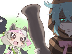 Rule 34 | + +, 2girls, ahoge, animal ears, aqua hair, bear ears, bear girl, paw stick, behind another, black hair, bow, bowtie, chibi, closed mouth, coat, excited, extra ears, ezo brown bear (kemono friends), fang, green eyes, grey hair, half-closed eye, headband, highres, holding, holding weapon, hood, hood up, hoodie, isobee, kemono friends, kemono friends 3, long hair, long sleeves, looking at another, medium hair, multicolored hair, multiple girls, open mouth, shaded face, shirt, sleeveless, sleeveless shirt, smile, sparkle, striped clothes, striped hoodie, translation request, tsuchinoko (kemono friends), twintails, v-shaped eyebrows, weapon