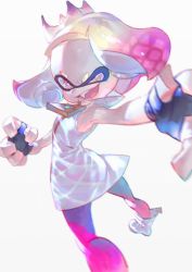 Rule 34 | 1girl, :d, crown, dress, fang, fingerless gloves, full body, gloves, inkling, looking at viewer, looking back, multicolored hair, nintendo, open mouth, outstretched arm, pantyhose, pearl (splatoon), pink hair, pink pantyhose, short eyebrows, simple background, smile, solo, splatoon (series), splatoon 2, symbol-shaped pupils, teeth, tentacle hair, two-tone hair, wadanaka, white background, white hair, yellow eyes, zipper
