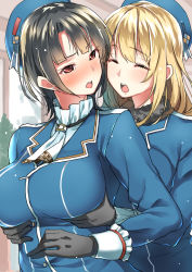 Rule 34 | 10s, 2girls, :o, ^ ^, atago (kancolle), b-ginga, beret, black gloves, black hair, blonde hair, blue hat, blush, breasts, building, closed eyes, denim, eyebrows, frilled cuffs, fur collar, fur trim, gloves, grabbing, grabbing another&#039;s breast, grabbing from behind, hat, jeans, kantai collection, large breasts, long hair, long sleeves, military, military uniform, multiple girls, necktie, nose blush, open mouth, outdoors, pants, plant, potted plant, red eyes, round teeth, short hair, takao (kancolle), teeth, uniform, upper body, white necktie, wince, wrist cuffs, yuri