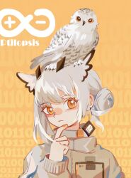Rule 34 | 1girl, absurdres, animal, animal on head, arknights, binary, bird, bird on head, blush, character name, chinese commentary, closed mouth, commentary, expressionless, feather hair, fingernails, hair bun, hand up, highres, jacket, long sleeves, looking at viewer, lxluo, nail polish, on head, owl, ptilopsis (arknights), rhine lab logo, short hair, simple background, solo, upper body, white hair, white jacket, yellow background, yellow eyes, yellow nails