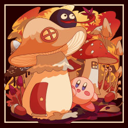 Rule 34 | :d, absurdres, acorn, black background, blue eyes, blush, blush stickers, capiller (kirby), door, dripping, fly agaric, glef life, gooey (kirby), highres, kirby, kirby (series), leaf, long tongue, maple leaf, mushroom, mushroom house, nintendo, no humans, one eye closed, open mouth, plant, simple background, smile, standing, star (symbol), tongue, tongue hold, tongue out, window