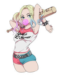 Rule 34 | 1girl, baseball bat, batman (series), blonde hair, blue eyes, blue hair, breasts, chewing gum, dc comics, female focus, harley quinn, highres, makeup, matching hair/eyes, multicolored hair, solo, suicide squad, twintails, weapon, white background