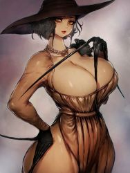Rule 34 | 1girl, alcina dimitrescu, black hair, breasts, claws, cleavage, dress, fumio (rsqkr), grey background, hand on own hip, hat, highres, huge breasts, lipstick, looking at viewer, makeup, resident evil, resident evil village, short hair, simple background, solo, thighs, veins, veiny breasts, wide hips, yellow eyes