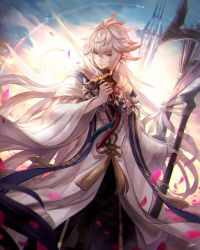 Rule 34 | 1boy, ahoge, bishounen, black pants, center frills, cloud, fate/grand order, fate (series), flower, flower knot, frills, hair between eyes, hair ornament, highres, holding, holding staff, holding sword, holding weapon, hood, hood down, hooded robe, light smile, long hair, long sleeves, looking at viewer, male focus, merlin (fate), multicolored hair, pants, petals, pink ribbon, purple eyes, ribbon, robe, signature, sky, smile, solo, staff, sword, tassel, tenyo0819, turtleneck, two-tone hair, very long hair, weapon, white hair, white robe, wide sleeves