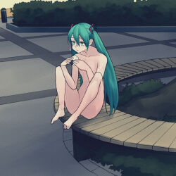 Rule 34 | 1girl, blue eyes, blue hair, byackopath (artist), chewing, closed mouth, commentary request, completely nude, convenient leg, day, eating, expressionless, food, food bite, full body, hair ornament, half-closed eyes, hatsune miku, hedge, holding, holding food, knees up, long hair, looking ahead, nude, on bench, onigiri, outdoors, park, sitting, solo, spread legs, streaking, twintails, vocaloid