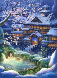 Rule 34 | 1girl, :d, ^ ^, afloat, architecture, bathing, black hair, blush, branch, breasts, bridge, bucket, building, cherry blossoms, cleavage, closed eyes, collarbone, east asian architecture, highres, house, kemi neko, lantern, long hair, medium breasts, moss, night, nude, onsen, open mouth, original, outdoors, partially submerged, rock, scenery, smile, snow, snowing, solo, steam, tree, upper body, water, winter, wooden bucket