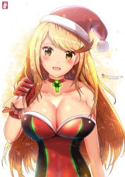 Rule 34 | 1girl, alternate costume, artist name, blonde hair, blush, breasts, chinchongcha, christmas, cleavage, gem, hat, highres, jewelry, large breasts, long hair, looking at viewer, mythra (xenoblade), smile, solo, xenoblade chronicles (series), xenoblade chronicles 2, yellow eyes