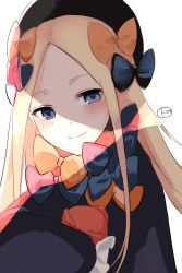 Rule 34 | 1girl, abigail williams (fate), black bow, black dress, black hat, blonde hair, blue eyes, blush, bow, breasts, dress, fate/grand order, fate (series), forehead, hair bow, hat, highres, kankitsu kei, long hair, looking at viewer, multiple bows, orange bow, parted bangs, polka dot, polka dot bow, ribbed dress, sleeves past fingers, sleeves past wrists, small breasts, smile, stuffed animal, stuffed toy, teddy bear
