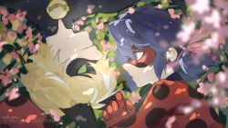 Rule 34 | 1boy, 1girl, animal ears, bell, blonde hair, blue eyes, blue hair, blurry, blurry foreground, bodysuit, cat boy, chat noir, cherry blossoms, colored sclera, couple, earrings, eye mask, fake animal ears, falling petals, green eyes, green sclera, hair between eyes, highres, jewelry, ladybug (character), looking at another, lying, medium hair, miraculous ladybug, neck bell, on back, on side, parted lips, petals, polka dot, short hair, short twintails, suisui 00313, twintails, upper body