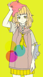 Rule 34 | 1girl, animal, animal on arm, animal on head, arm at side, blonde hair, closed mouth, cmyk, collared shirt, commentary request, cowboy shot, expressionless, green eyes, grey shirt, hand on animal, hand up, highres, layered shirt, looking at viewer, medium hair, neckerchief, on head, original, pink sailor collar, pink shirt, pleated skirt, sailor collar, sea slug, shirt, short sleeves, simple background, skirt, sleeveless, sleeveless shirt, solo, standing, uewtsol, vampire squid, yellow background, yellow neckerchief, yellow skirt