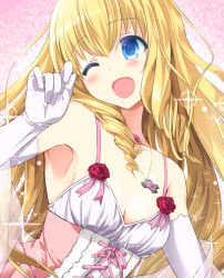 Rule 34 | 10s, 1girl, ;d, amagi brilliant park, blonde hair, blue eyes, blush, breasts, cleavage, drill hair, elbow gloves, flower, gloves, jewelry, latifa fleuranza, long hair, one eye closed, open mouth, pendant, rose, small breasts, smile, solo, tyone, white gloves