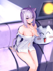 Rule 34 | 1girl, absurdres, ahoge, animal ear fluff, animal ears, bare legs, bare shoulders, blush, breasts, cat ears, cat girl, cat tail, choker, cleavage, finger to mouth, highres, hololive, large breasts, looking at viewer, md5 mismatch, medium breasts, naked shirt, navel, nekomata okayu, nekomata okayu (oversized shirt), no bra, off shoulder, parted lips, purple eyes, purple hair, resolution mismatch, shirt, short hair, sitting, smile, solo, source smaller, tail, torakichi 888, virtual youtuber, white shirt