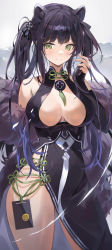 Rule 34 | 1girl, absurdres, animal ears, arm behind back, black dress, black hair, blue archive, blue hair, breasts, china dress, chinese clothes, cleavage, dress, green eyes, hair ornament, hairpin, highres, large breasts, long hair, looking at viewer, multicolored hair, off shoulder, shun (blue archive), simple background, smile, solo, twintails, white background, zutsuyaku