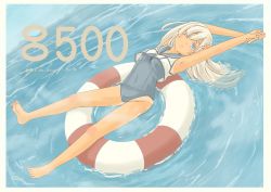 Rule 34 | 1girl, absurdres, armpits, arms up, bare arms, bare legs, bare shoulders, barefoot, blue eyes, blush, breasts, character name, commentary request, covered navel, crop top, flower, full body, hair flower, hair ornament, highres, kantai collection, lifebuoy, long hair, looking at viewer, one-piece swimsuit, one-piece tan, one eye closed, pot-de, ro-500 (kancolle), sailor collar, school swimsuit, school uniform, serafuku, short hair, small breasts, solo, swim ring, swimsuit, swimsuit under clothes, tan, tanline, water, white hair