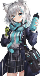 Rule 34 | 1girl, absurdres, animal ear fluff, animal ears, bad id, bad pixiv id, bag, black jacket, black skirt, blue archive, blue necktie, blue scarf, blush, bottle, breasts, cat ears, closed mouth, commentary request, cowboy shot, fringe trim, gloves, green gloves, grey hair, hair between eyes, hair ornament, highres, holding, holding bottle, indol, jacket, long sleeves, looking at viewer, necktie, open clothes, open jacket, plaid, plaid skirt, pleated skirt, scarf, shiroko (blue archive), shirt, shoulder bag, simple background, skirt, small breasts, solo, standing, water bottle, white background, white shirt