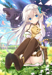 Rule 34 | 1girl, :3, bare shoulders, black choker, black thighhighs, blouse, blue eyes, blue sky, blurry, blurry foreground, blush, boots, braid, bridal gauntlets, brown eyes, brown footwear, brown thighhighs, butterfly hair ornament, choker, cloud, cloudy sky, collarbone, commentary request, copyright request, dagger, day, depth of field, fence, flower, full body, grass, hair between eyes, hair ornament, halterneck, head tilt, knife, long hair, monster, official art, on grass, one eye closed, open mouth, outdoors, petals, pointy ears, sharp teeth, sheath, sheathed, shirt, shoe soles, silver hair, sitting, skirt, sky, sleeveless, sleeveless shirt, solo, teeth, thigh boots, thigh strap, thighhighs, thighhighs under boots, tiger, tiger cub, very long hair, weapon, white flower, white shirt, white skirt, yano mitsuki (nanairo), yellow eyes