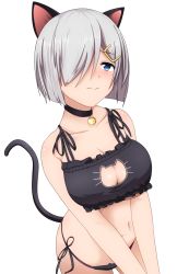 Rule 34 | 10s, 1girl, alphe, animal ears, bad id, bad nicoseiga id, bare shoulders, bell, black bra, black panties, blue eyes, blush, bra, breasts, cat cutout, cat ear panties, cat ears, cat lingerie, cat tail, choker, cleavage cutout, clothing cutout, collar, collarbone, hair ornament, hair over one eye, hairclip, hamakaze (kancolle), highres, jingle bell, kantai collection, kemonomimi mode, large breasts, meme attire, navel, neck bell, panties, short hair, side-tie panties, silver hair, simple background, solo, stomach, tail, underwear, underwear only, v arms, white background