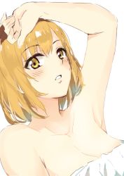 Rule 34 | 1girl, arm up, blonde hair, blush, breasts, brown hair, cleavage, collarbone, looking at viewer, medium breasts, miyamori aoi, multicolored hair, nude, parted lips, shirobako, short hair, simple background, sketch, solo, tahita1874, two-tone hair, under covers, upper body, white background, yellow eyes