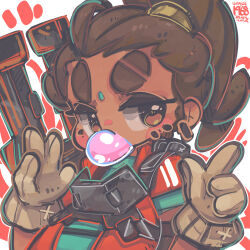 Rule 34 | 1girl, absurdres, animification, apex legends, aqua shirt, blush, brown eyes, brown gloves, brown hair, eyebrow cut, gloves, hair behind ear, highres, jacket, jrpencil, orange jacket, ponytail, rampart (apex legends), sheila (minigun), shirt, solo, thick eyebrows, v-shaped eyebrows, weapon, weapon on back, white background