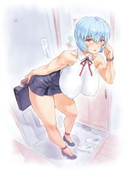 Rule 34 | 1girl, alternate breast size, ayanami rei, bare legs, bespectacled, blue hair, blush, bow, breasts, cosplay, curvy, door, doorway, glasses, hanging breasts, high heels, huge breasts, impossible clothes, impossible shirt, indoors, leaning forward, looking at viewer, miniskirt, mogudan, neck ribbon, neon genesis evangelion, nipples, no bra, pencil skirt, puffy areolae, red bow, red eyes, ribbon, shirt, shoes, short hair, skirt, sleeveless, sleeveless shirt, solo, standing, teacher, watch, white shirt, wristwatch