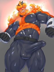 Rule 34 | 1boy, abs, bara, beard, boku no hero academia, bulge, covered abs, covered erect nipples, erection, erection under clothes, facial hair, fire, gloves, highres, kuromine hiraya, large pectorals, male focus, muscular, nipples, pectorals, red hair, solo, spiked hair, testicles, thick thighs, thighs, endeavor (boku no hero academia)