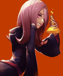 Rule 34 | 10s, 1girl, erlenmeyer flask, flask, little witch academia, looking at viewer, medium hair, mool yueguang, parted lips, red background, red eyes, simple background, smile, solo, sucy manbavaran, teeth, upper body