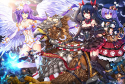 Rule 34 | 10s, 3girls, bad id, bad pixiv id, beluga dolphin, black hair, blue eyes, blush, braid, breasts, fantasy, female focus, four goddesses online: cyber dimension neptune, griffin, hair ornament, hat, highres, large breasts, long hair, monster, multiple girls, multiple riders, neptune (neptunia), neptune (series), noire (neptunia), open mouth, polearm, purple eyes, purple hair, purple heart (neptunia), pururut, red eyes, riding, smile, spear, symbol-shaped pupils, twin braids, twintails, very long hair, weapon, wings