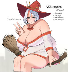 Rule 34 | 1girl, bare shoulders, breasts, broom, broom riding, collarbone, dress, fat, flying, flying sweatdrops, hat, large breasts, ohasi, original, short hair, smile, solo, thick thighs, thighs, trembling, twitter username, v, witch, witch hat, zhiroyara