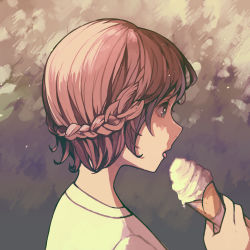 Rule 34 | 1girl, braid, brown hair, commentary request, food, from side, green eyes, ice cream, ice cream cone, nanakawa (nanasoon), original, profile, shirt, short hair, solo, tongue, tongue out