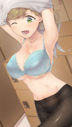 Rule 34 | 1girl, armpits, blue bra, blush, bouncing breasts, bra, breasts, brown hair, cleavage, collarbone, commentary request, cowboy shot, fang, green eyes, highres, indoors, inuyama aoi, large breasts, long hair, midriff, motion blur, navel, one eye closed, open mouth, panties, panties under pantyhose, pantyhose, short eyebrows, side ponytail, skin fang, solo, thick eyebrows, underboob, underwear, undressing, urigarasu, yurucamp